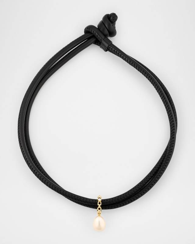 14K Yellow Gold Diamond and Freshwater Pearl Choker Necklace on Leather Chain